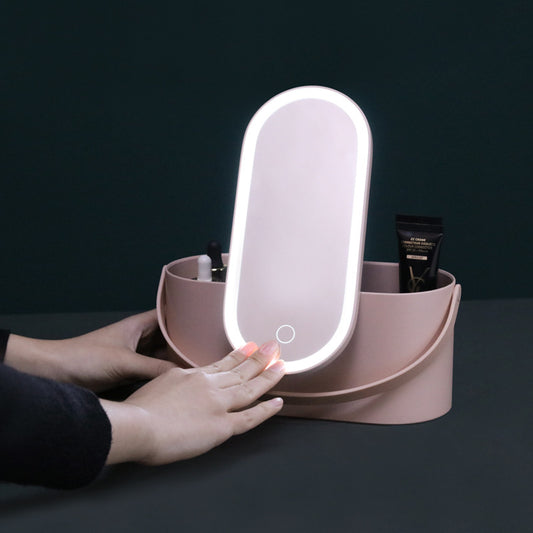 Portable Led Desk Storage Cosmetic Mirror Organizer Box With Light