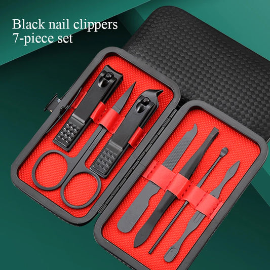 7Pcs Portable Black Nail Clipper Set/ Manicure Pedicure Gift Box