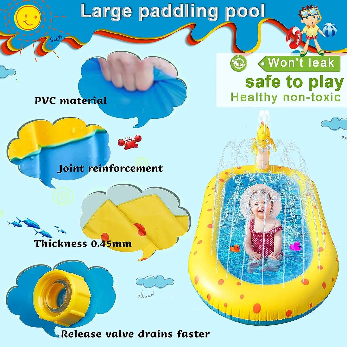 Inflatable Sprinkler Pool for Kids Dinosaur Sprinkler Kiddie Pool